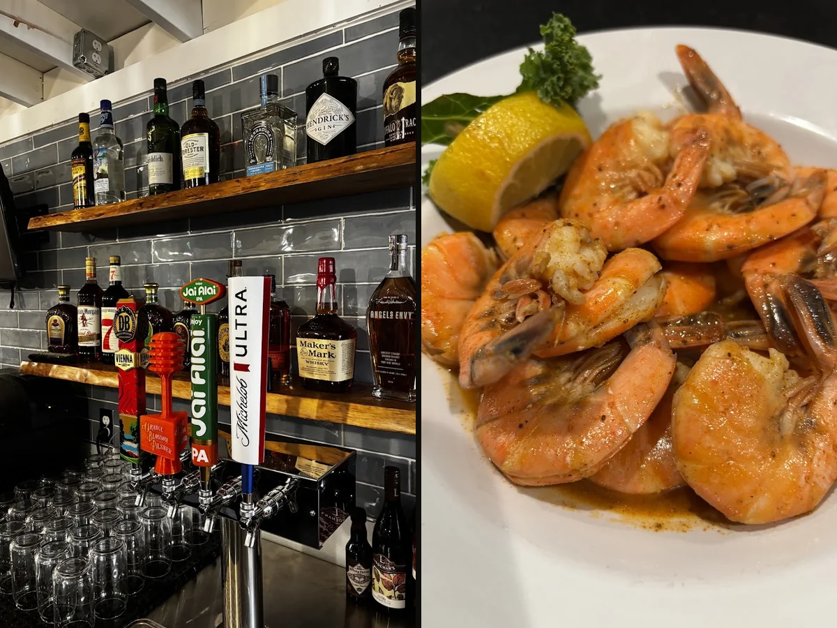 Seafood plates in a casual dining room.