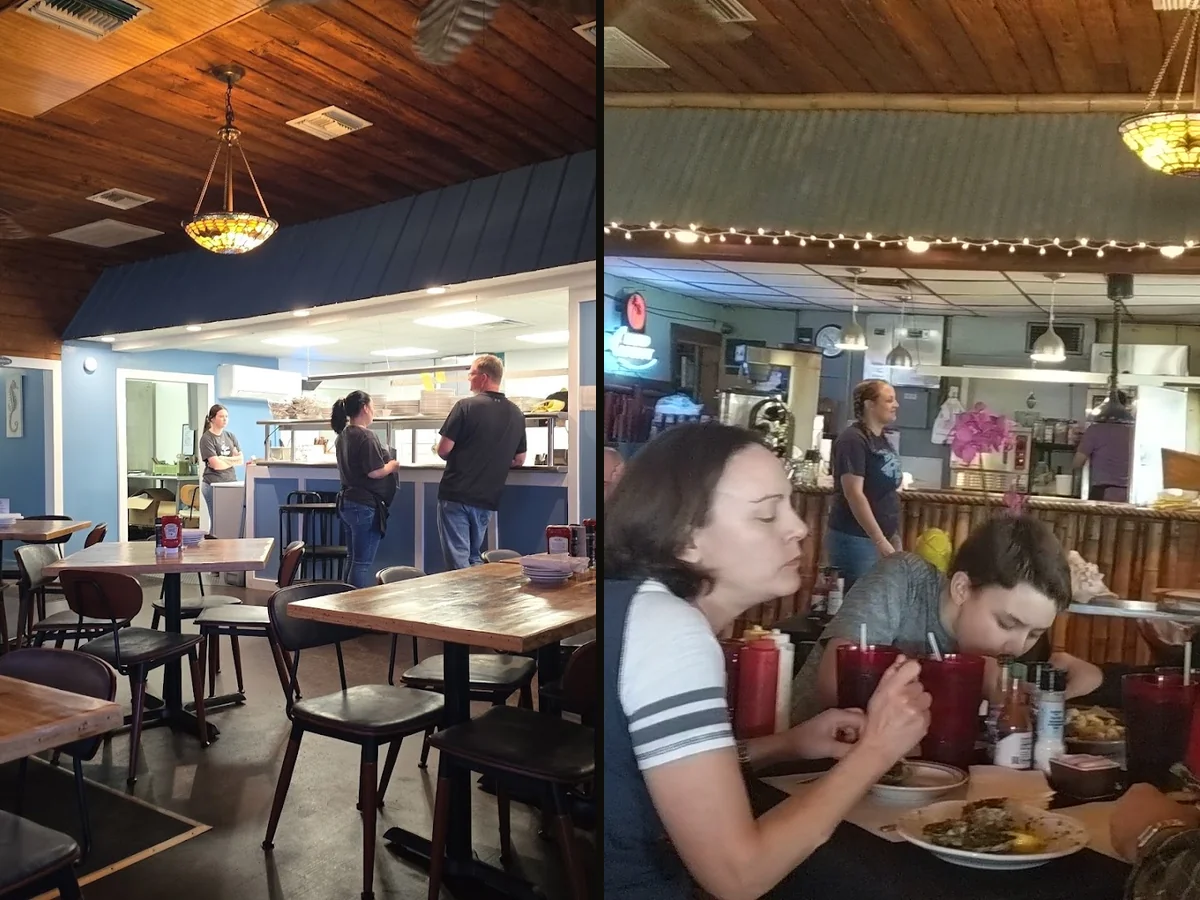 Seafood plates in a casual dining room.