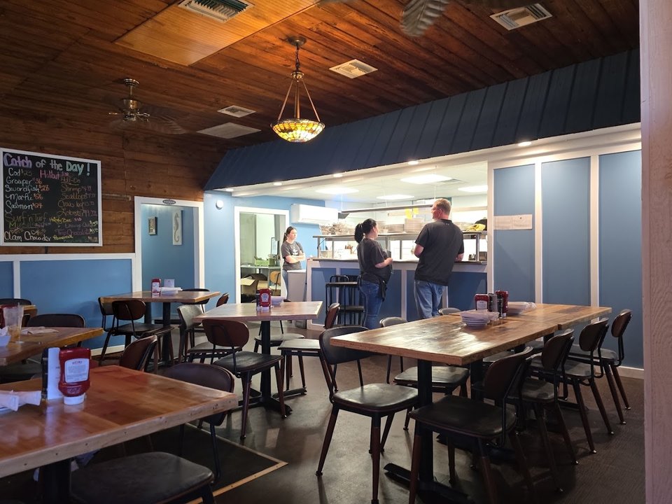 A laid-back shack with bar seating.